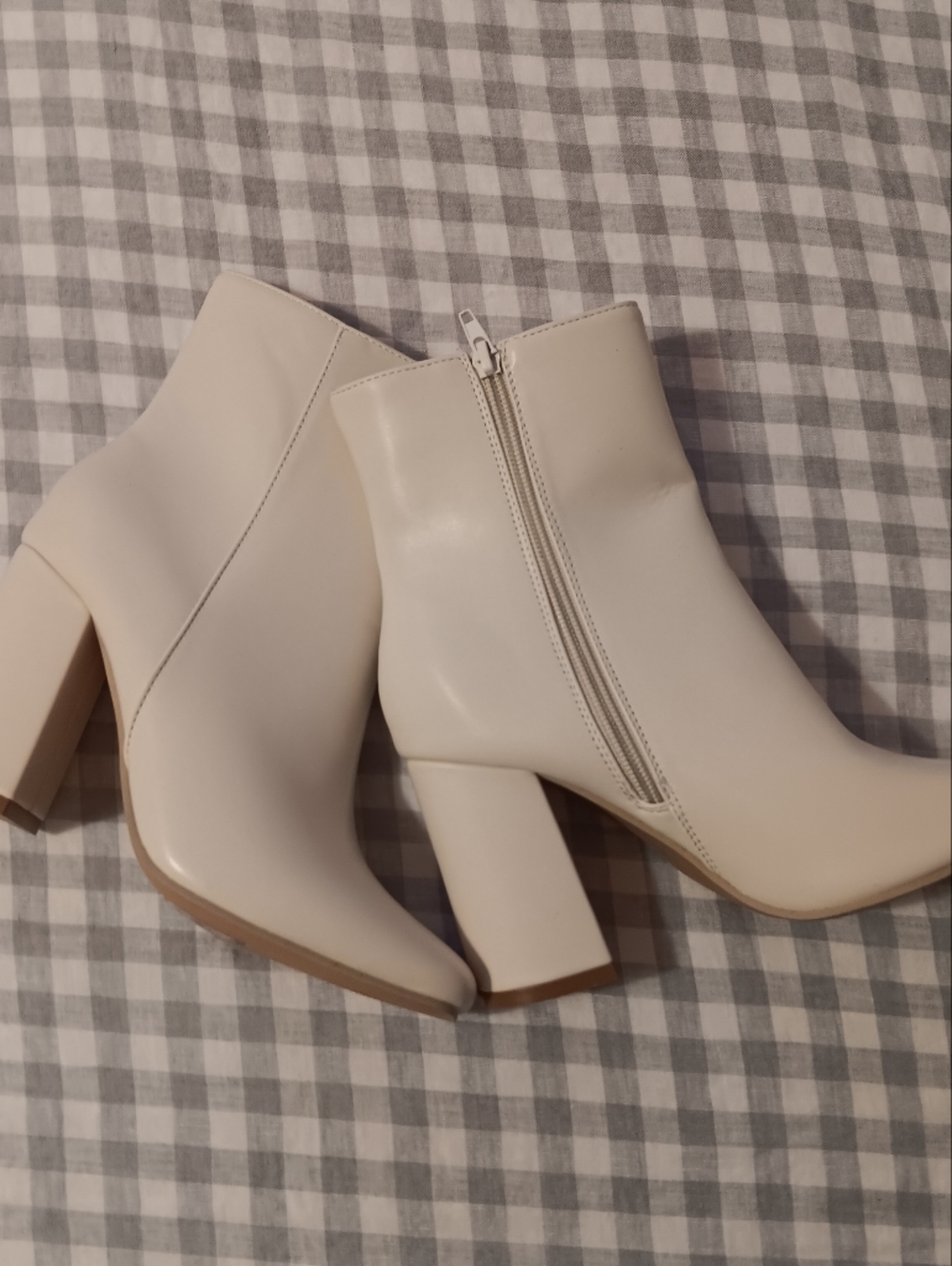 Faux Leather Cream Block Heel Ankle Boots